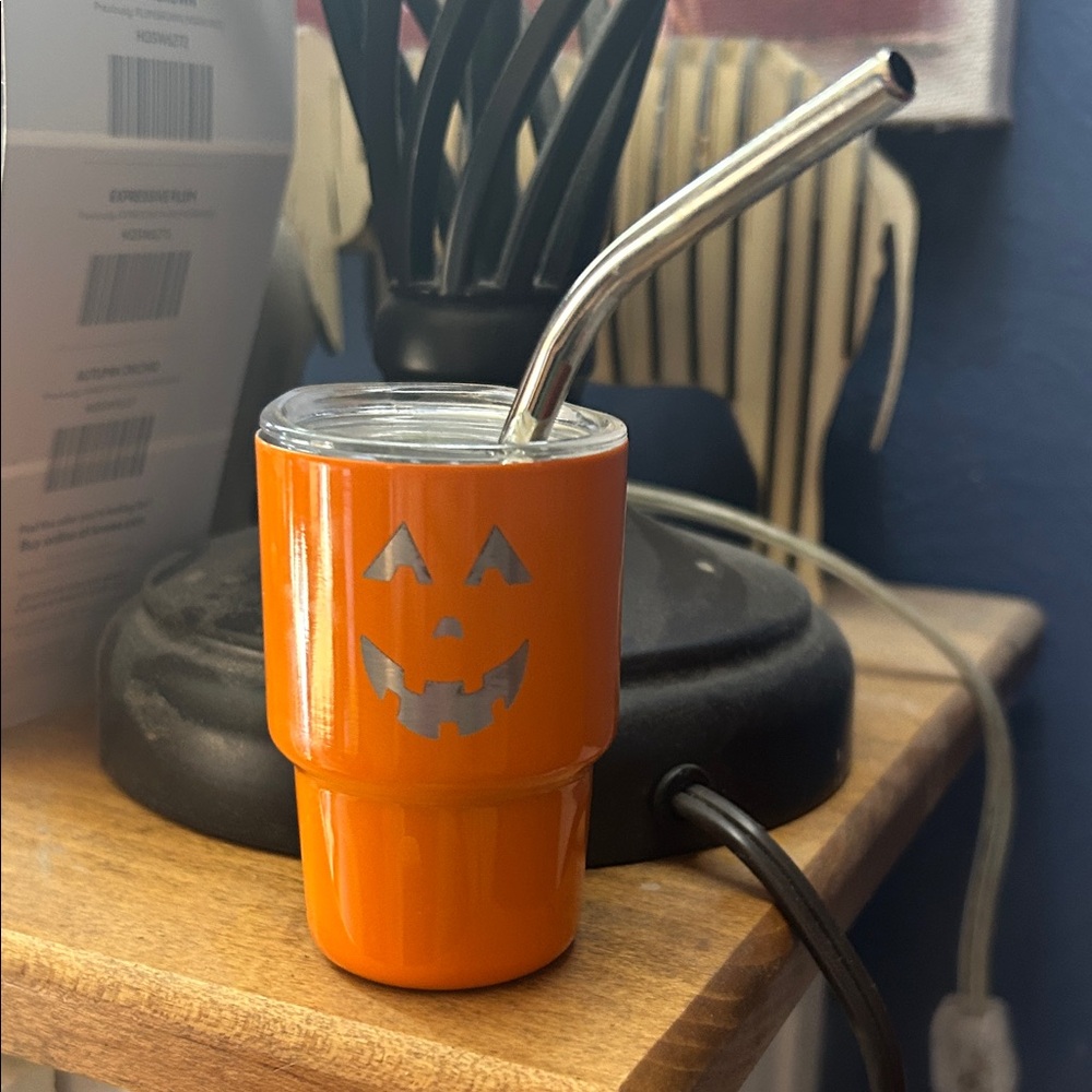 Orange Pumpkin Face Tumbler with Straw
